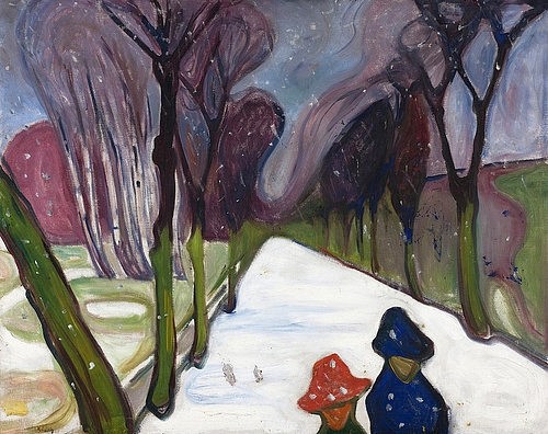 Edvard Munch, Allee im Schneegestöber. 1906 (Munch,Edvard,1863-1944,Oslo,Munch Muset,Öl auf Leinwand,20. Jahrhundert,Expressionismus,Skandinavien,Munch, Edvard,Winter,Schnee,Allee,Kinder,draußen,schneien,Schneeflocken,Spaziergänger,Mützen,Straße,Schneegestöber)