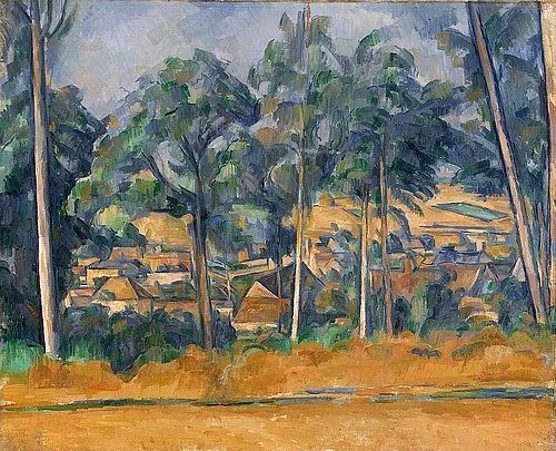 Paul Cézanne, Dorf hinter Bäumen (Marines). Um 1898. (Cézanne,Paul,1839-1906,Öl auf Leinwand,19. Jahrhundert,Impressionismus,französischer,Kunsthalle Bremen,natur,landschaft,bäume,idylle,frankreich,natur,häuser,paul cezanne,impressionistisch)