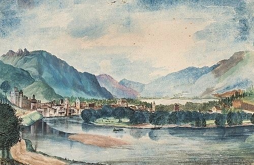 Albrecht Dürer, Trient, von Norden gesehen. Frühjahr 1495. (Dürer,Albrecht,1471-1528,15. Jahrhundert,Renaissance,Landschaft,deutsche,Berge,Kunsthalle Bremen,Aquarell und Deckfarben,italien,landschaft,gebirge,idylle,dorf,fluß,albrecht dürer)