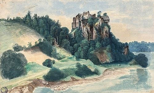 Albrecht Dürer, Felsenschloss, Schloss Segonzano im Cembratal. Herbst 1494 (oder 1495/96?) (Dürer,Albrecht,1471-1528,15. Jahrhundert,Renaissance,Landschaft,deutsche,Berge,Kunsthalle Bremen,Aquarell und Deckfarben,Castello di Segonzano,italien,landschaft,albrecht dürer,burg,wald,bäume,hang,fluß,hügel)
