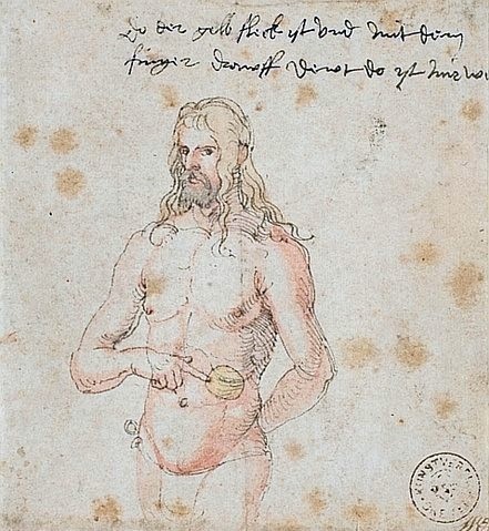 Albrecht Dürer, Selbstbildnis, krank.  Um 1509/11. Im oberen Teil beschriftet: ""Do der gelb fleck ist ond mit dem / finger drawff dewt do ist mir we"""" (Dürer,Albrecht,1471-1528,Feder in Braun,16. Jahrhundert,Renaissance,deutsche,Kunsthalle Bremen,stellenweise aquarelliert,albrecht dürer,selbstporträt,krankheit,medizin,körper,leiden,mann)