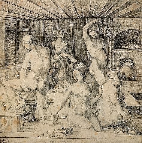 Albrecht Dürer, Das Frauenbad. 1496. (Dürer,Albrecht,1471-1528,15. Jahrhundert,Renaissance,Feder in Schwarz,deutsche,Kunsthalle Bremen,frauen,bad,badende,frauenkörper,nackt,akt,frauenakte,körperpflege)