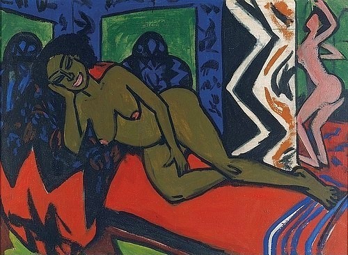 Ernst Ludwig Kirchner, Schlafende Milli. 1911. (siehe auch recto: Bild Nr. 57285) (Kirchner,Ernst Ludwig,1880-1938,Öl auf Leinwand,20. Jahrhundert,Expressionismus,Die Brücke,Kunsthalle Bremen,frau,nackt,liegend,liege,schlafend,schlaf,erotik,entspannt,deutsch)