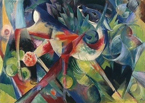 Franz Marc, Reh im Blumengarten. 1913. (Marc,Franz,1880-1916,Öl auf Leinwand,20. Jahrhundert,Expressionismus,Der Blaue Reiter,Kunsthalle Bremen,franz marc,reh,wild,natur,blauer reiter,abstraktion,dynamik,deutsch)