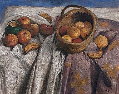 Paula Modersohn-Becker, Stillleben mit Äpfeln und Bananen. 1905. (Modersohn-Becker,Paula,1876-1907,Tempera auf Leinwand,20. Jahrhundert,Expressionismus,Kunsthalle Bremen,stillleben,früchte,obst,früchtestillleben,tischdecke,faltenwurf,korb,stoff)