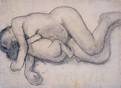 Paula Modersohn-Becker, Liegende Mutter mit Kind. 1906. (Zeichnung,Künstlerkolonie Worpswede,20. Jahrhundert,Modersohn-Becker,Paula,1876-1907,Kunsthalle Bremen,mutter,kind,liegend,mutterschaft,schlafend,intimität,umarmung,umschlungen,baby,kleinkind,nackt)