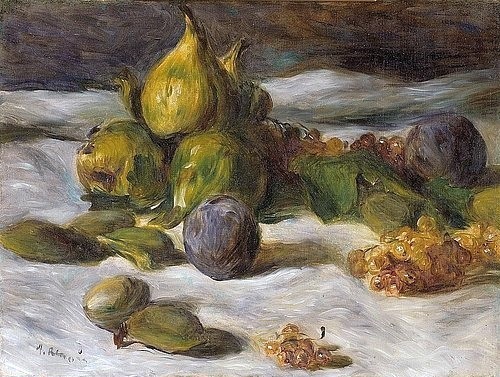 Pierre-Auguste Renoir, Früchtestillleben (Feigen und Johannisbeeren). Um 1870/72. (Stillleben, Früchte, Feigen, Beeren, weiße Joahnnisbeeren,Impressionismus, klassische Moderne, Wunschgröße, Esszimmer, Wohnzimmer, Malerei)