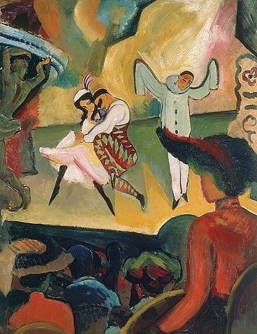 August Macke, Russisches Ballett I. 1912. (Macke,August,1887-1914,Öl auf Pappe,20. Jahrhundert,Expressionismus,Der Blaue Reiter,Kunsthalle Bremen,Kunsthalle Bremen - Der Kunstverein in Bremen.,28195 Bremen,tänzer,tanz,bühne,theater,vorführung,vorstellung,balletttänzer,ballettvorführung,zuschauer,p)