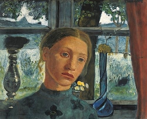 Paula Modersohn-Becker, Mädchenkopf vor einem Fenster. Um 1902. (Modersohn-Becker,Paula,1876-1907,20. Jahrhundert,Portrait,Expressionismus,Kunsthalle Bremen,Kunsthalle Bremen - Der Kunstverein in Bremen.,28195 Bremen,Öl auf Schiefer,porträt,frau,mädchen,melancholisch,melancholie,ländlich,garten,vase,blumen,bäume,vorhan)