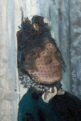 Claude Monet, Das Mittagessen (Le Déjeuner). Detail. 1868 (siehe auch Bildnummer 4200) (Monet,Claude,1840-1926,Städel Museum,Frankfurt am Main,Öl auf Leinwand,19. Jahrhundert,Impressionismus,Copyright Horst Ziegenfusz,französischer,Claude Monet,Frau,Kopf,Schleier,schwarz,weiß,Detail,Vorhang,Gardine,Frauenkopf)