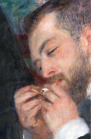 Pierre-Auguste Renoir, Nach dem Mittagessen (La fin du Déjeuner). Detail. 1879 (siehe auch Bildnummer 4910) (Detail, Ausschnitt, Mann, Raucher, Streichholz, Glut, Zigarette, Impressionismus, klassische Moderne, Wunschgröße, Wohnzimmer, Malerei)
