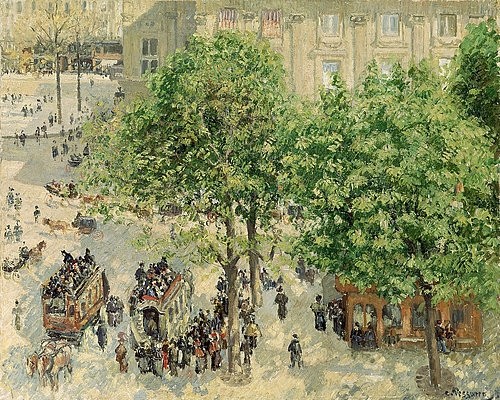 Camille Pissarro, Place du Theatre-Francais, Frühling, 1898. (Paris, Stadt, Hauptstadt, Vogelperspektive, Platz, belebt, Menschen, Alltagsszene, Frankreich, Impressionismus, Klassische Moderne, Wohnzimmer, Wunschgröße)