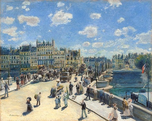 Pierre-Auguste Renoir, Pont Neuf, Paris, 1872. (Paris, Brücke, Fluss, Seine, Spaziergänger, Passanten, Straßenszene,  Sommer, Städte, Impressionismus, klassische Moderne, Wunschgröße, Wohnzimmer, Malerei)