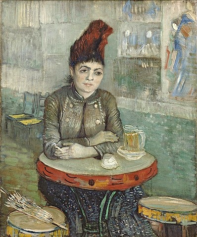 Vincent van Gogh, Agostina Segatori im Café Le Tambourin. 1887 (Gogh,Vincent van,1853-1890,Amsterdam,Van Gogh - Museum,Öl auf Leinwand,19. Jahrhundert,Post-Impressionismus,Gogh, Vincent, van,Agostina Segatori Bier trinken, Paris,Hocker,Tischchen,Glas,Bierglas,Zigarette,rauchen,Frau,alleine,nachdenklich,Sonnenschirm,me)