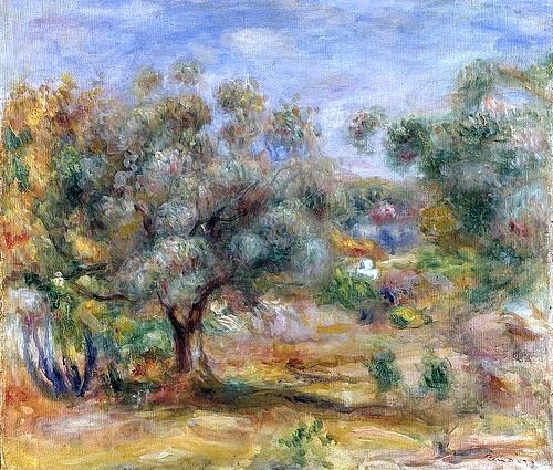 Pierre-Auguste Renoir, Olivenbaum in Les Collettes. Um 1910/15. (Landschaft, Landschaftsmalerei, Bäume, Olivenbäume, mditerran, Sommer, Frankreich, Impressionismus, klassische Moderne, Wunschgröße, Wohnzimmer, Malerei)