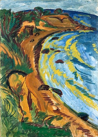 Ernst Ludwig Kirchner, Bucht an der Fehmarnküste. 1913 (Städel Museum,Frankfurt am Main,Kirchner,Ernst Ludwig,1880-1938,Öl auf Leinwand,20. Jahrhundert,Expressionismus,Landschaft,Copyright: Horst Ziegenfusz,Die Brücke,Meer,Kirchner, Ernst Ludwig,Städel Museum,Bucht,Küste,von oben, erhöhter Betrachterstandpunkt)