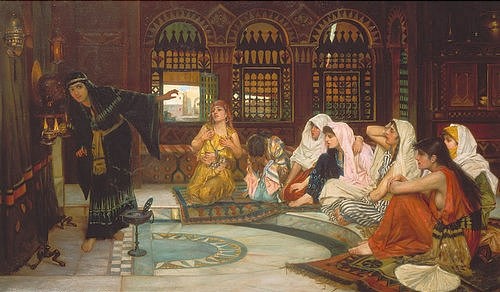 John William Waterhouse, Die Befragung des Orakels. (Christie's Images Ltd,Waterhouse,John William,1849-1917,Waterhouse,John William Waterhouse,orientalisch,Orakel,Harem,Orient,spiritistische Sitzung,Frauen,Zirkel,Spannung,19. Jahrhundert,Okkultismus,Emotionen,Halbkreis,lauschen,Weissagung,Zukunft,Aberglaub)