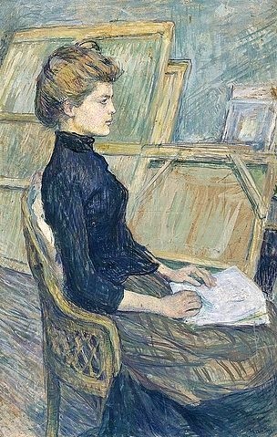 Henri de Toulouse-Lautrec, Junges Mädchen im Atelier (Hélène Vary). Um 1889 (Toulouse-Lautrec,Henri de,1864-1901,Kunsthalle Bremen,Gouache auf Pappe,junge frau,profil,sitzend,stuhl,französisch,keilrahmen)