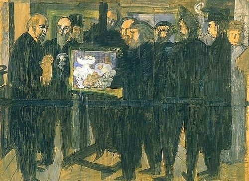 Maurice Denis, Hommage à Cézanne. Um 1899/1900 (siehe auch Bildnummer 13762). (Künstler, Maler, Künstergruppe, Nabis, Persönlichkeiten, Bildbetrachtung, Hommage, Skizze, Studie, Vorzeichnung, Männer, Staffelei, Gemälde, Paul Cezanne, ,Odilon Redon, Edouard Vuillard, Kunstkritiker André Melleri, Wohnzimmer, Galerie, Wunschgröße,  bun)