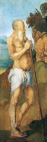 Albrecht Dürer, Der heilige Onuphrius. Um 1505 (Dürer,Albrecht,1471-1528,16. Jahrhundert,Renaissance,deutsche,Kunsthalle Bremen,Öl auf weißgrundiertem Lindenholz,parkettiert,Albrecht Dürer,Lendenschurz,Wüste,Mann,Heiliger, Onuphrius,Bart,Greis,Stock)