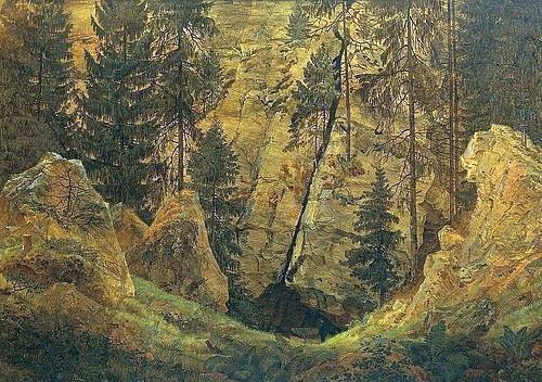 Caspar David Friedrich, Felsental (Das Grab des Arminius). Um 1813. (Friedrich,Caspar David,1774-1840,Öl auf Leinwand,Romantik,Landschaft,Wald,Kunsthalle Bremen,deutsche,wald,felswand,felsen,natur,wildnis,cherusker,deutsche mythologie,geschichte,germanen)