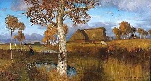 Otto Modersohn, Herbst im Moor. 1895. (Birken, Moor, Kate, ländlich, Norddeutschland, sonnig, Reetdach, Bauernhaus, Landschaft, Landschaftsmalerei,  Künstlerkolonie Worpswede, Klassische Moderne,   Wohnzimmer, Treppenhaus, Wunschgröße)