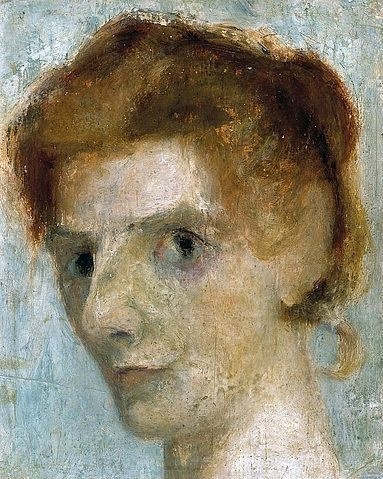 Paula Modersohn-Becker, Selbstbildnis. Um 1898. (19. Jahrhundert,Portrait,Selbstportrait,Künstlerkolonie Worpswede,Kunsthalle Bremen,Öl auf Pappe,1876-1907,Modersohn-Becker,Paula,Paula Modersohn-Becker,Selbstbildnis,Malerin,Künstlerportait,Kopf,Hochsteckfrisur,Frau,Hochfrisur)