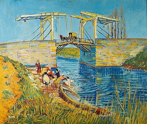 Vincent van Gogh, Zugbrücke in Arles (Le Pont de Langlois). 1888 (Gogh,Vincent van,1853-1890,Otterlo,Museum Kröller-Müller,Öl auf Leinwand,19. Jahrhundert,Brücke,Wagen,Pferdewagen,Frankreich,Gogh, Vincent van Gogh,Post-Impressionismus,Post Impressionismus,gelb,blau,Mauer,Mauerwerk,Ufer,Fluss,Kanal,Wäscherinnen,Waschfrau)