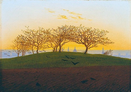 Caspar David Friedrich, Hügel mit Bruchacker bei Dresden. Um 1824 (Hamburg,Kunsthalle,Friedrich,Caspar David,1774-1840,19. Jahrhundert,Romantik,Sachsen,Bäume,Baumgruppe,Abend,Friedrich, Caspar David Friedrich,Sonnenuntergang,Raben,Felder,Kirchtürme,stimmungsvoll)