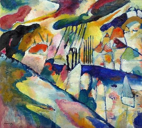 Wassily Kandinsky, Landschaft mit Regen. 1913 (Kandinsky,Wassily,1866-1944,New York,S. Guggenheim-Museum,Öl auf Leinwand,20. Jahrhundert,Wassily Kandinsky,Landschaft,Blauer Reiter,Regen,farbenfroh,Farben,Wolken,Häuser)