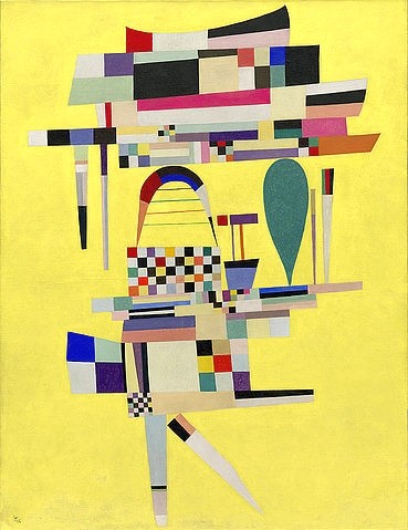Wassily Kandinsky, Das gelbe Gemälde (La Toile jaune). 1938 (Abstraktion,Öl und Emaille auf Leinwand,20. Jahrhundert,New York,S. Guggenheim-Museum,1866-1944,Kandinsky,Wassily,Wassily Kandinsky,gelb,geometrisch,Balance,Turm,Gleichgewicht,kariert,Bogen,Stapel,gestapelt,heiter,farbenfroh)