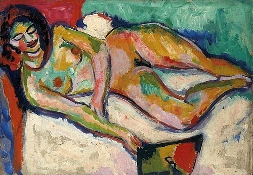 Ernst Ludwig Kirchner, Liegender Akt mit Fächer. 1909. (siehe auch verso: Bild Nr. 57286) (Kirchner,Ernst Ludwig,1880-1938,Öl auf Leinwand,20. Jahrhundert,Expressionismus,Die Brücke,Kunsthalle Bremen,frau,nackt,liegend,bett,schlafend,schlaf,erotik,entspannt,deutsch)