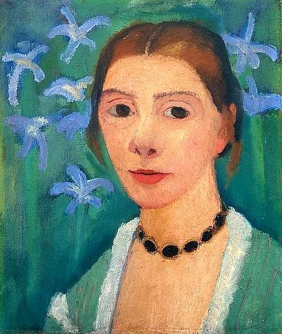 Paula Modersohn-Becker, Selbstbildnis vor grünem Hintergrund mit blauer Iris. 1900-1907. (Modersohn-Becker,Paula,1876-1907,Öl auf Leinwand,20. Jahrhundert,Portrait,Expressionismus,Selbstportrait,Kunsthalle Bremen,frau,porträt,künstlerin,deutsch,worpswede,grün,halskette,malerin,kette,gesicht)