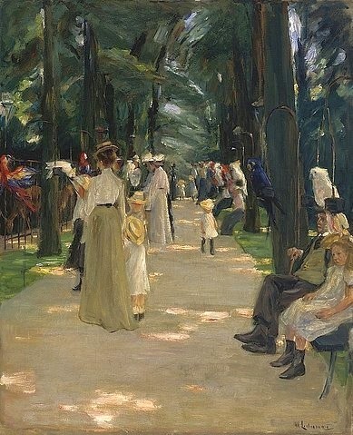 Max Liebermann, Papageienallee. 1902. (Liebermann,Max,1847-1935,Öl auf Leinwand,20. Jahrhundert,Impressionismus,deutscher,Kunsthalle Bremen,Kunsthalle Bremen - Der Kunstverein in Bremen.,28195 Bremen,park,parkallee,allee,menschen,spaziergang,spaziergänger,papagei,vögel,passanten,besucher,sonne)