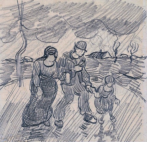 Vincent van Gogh, Paar mit Kind auf einer Straße im Regen. 1890 (Post-Impressionismus,Bleistift auf Papier,19. Jahrhundert,Amsterdam,Van Gogh - Museum,1853-1890,Gogh,Vincent van,Gogh, Vincent, van,Familie,Paar,Eltern,Vater,Mutter,Kind,Spaziergang,draußen,unterwegs,Regen,Bleistift,nass,Regenwolke)