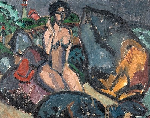 Ernst Ludwig Kirchner, Badende zwischen Steinen. 1912 (Städel Museum,Frankfurt am Main,Kirchner,Ernst Ludwig,1880-1938,Öl auf Leinwand,20. Jahrhundert,Expressionismus,Copyright: Horst Ziegenfusz,Die Brücke,Kirchner, Ernst Ludwig,Städel Museum,Badende,Frau,Stein,Felsen,Fels,Hut,Leuchtturm,Küste)