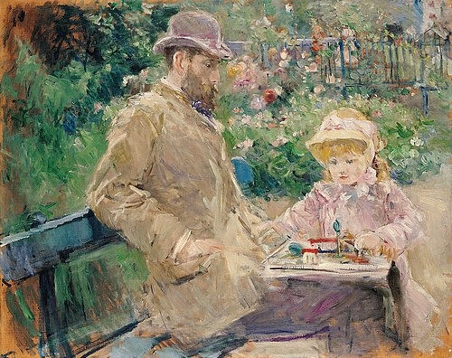 Berthe Morisot, Eugène Manet mit seiner Tochter im Garten in Bougival. Um 1881 (Park, Parkbank, Vater, Tochter, kleines Mädchen, Spiel, Paris, Impressionismus, Klassiker, Wohnzimmer, Malerei, Wunschgröße)