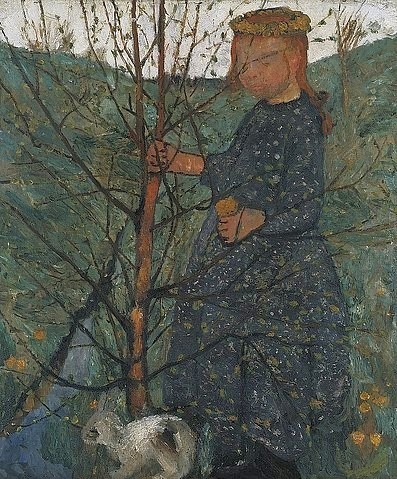 Paula Modersohn-Becker, Bauernkind mit Kaninchen. Um 1903. (19. Jahrhundert,Künstlerkolonie Worpswede,Kunsthalle Bremen,20. Jahrhundert,Öl auf Leinwand,1876-1907,Modersohn-Becker,Paula,Paula Modersohn-Becker,Blumenkranz,Mädchen,Kind,draußen,Baum,Bäumchen,Kaninchen,Frühling)