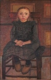 Paula Modersohn-Becker, Worpsweder Bauernkind auf einem Stuhl sitzend. 1905 (Modersohn-Becker,Paula,1876-1907,Tempera auf Leinwand,20. Jahrhundert,Kunsthalle Bremen,Künstlerkolonie Worpswede,Paula Modersohn-Becker,Kind,brav,sitzen,Mädchen,Bauernmädchen,Holzpantinen,Clogs,von vorne,frontal)