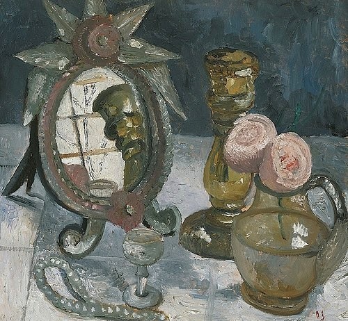 Paula Modersohn-Becker, Stillleben mit venezianischem Spiegel. 1903. (Stillleben,Künstlerkolonie Worpswede,Kunsthalle Bremen,20. Jahrhundert,Öl auf Pappe,1876-1907,Modersohn-Becker,Paula,Paula Modersohn-Becker,Stillleben,Kerzenständer,Spiegel,Perlenkette,Halskette,Kette,Gläschen,Rosen,Glasvase,Glaskrug,Spiegelung,feminin)