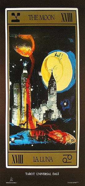 Salvador Dali, La Luna BP903 (Skyline, Hohhäuser, Nachtszene, Mondgesicht, Tarotkarte, Mond,  Grafik, Surrealismus, Klassische Moderne, Fantasie, Wohnzimmer, Treppenhaus,  bunt)
