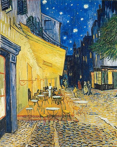 Vincent van Gogh, Café-Terrasse am Abend in Arles (Le Café, le soir). 1888 (Öl auf Leinwand,19. Jahrhundert,Otterlo,Museum Kröller-Müller,1853-1890,Gogh,Vincent van,Gogh,Vincent van Gogh,Frankreich,Stadt,Straße,Pflaster,Café,Straßencafé,Wirtshaus,Abend,Sterne,Sternenhimmel,blau,gelb,nachtcafé)