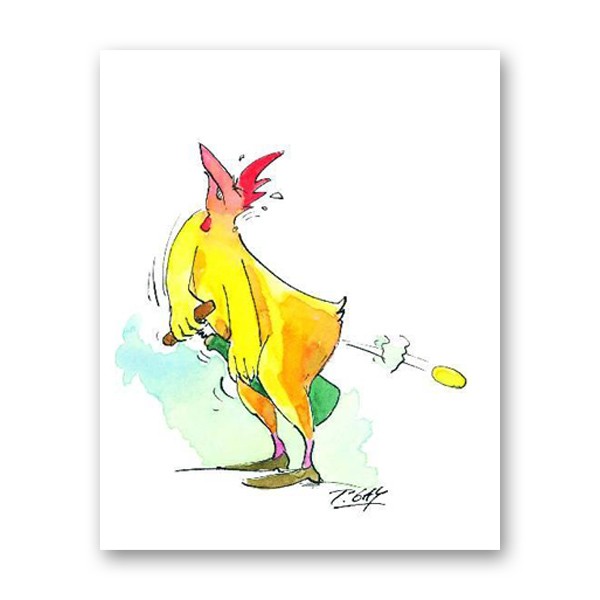 Peter Gaymann, Huhn mit Korkenzieher (Huhn, Hühner, Karikatur, Cartoon, Comic, witzig, lustig, Treppenhaus, Wohnzimmer, Grafik, bunt)