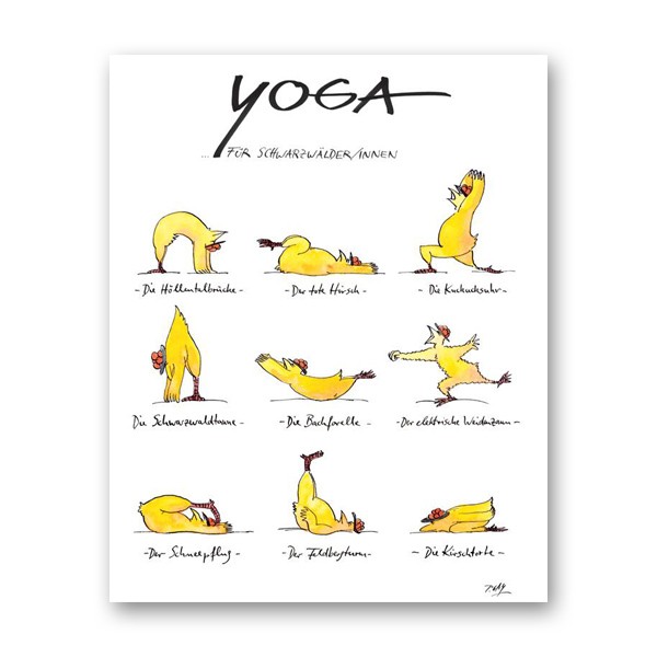 Peter Gaymann, Yoga für Schwarzwälder (Huhn, Hühner, Yoga, Schwarzwald, Karikatur, Cartoon, Comic, witzig, lustig, Treppenhaus, Wohnzimmer, Grafik, bunt)