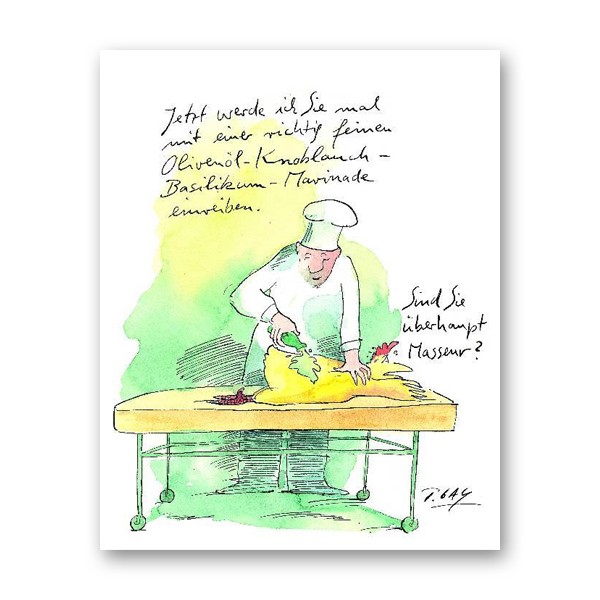 Peter Gaymann, Überhaupt Masseur (Huhn, Koch, Massage, Karikatur, Cartoon, Comic, witzig, lustig, Treppenhaus, Wohnzimmer, Grafik, bunt)
