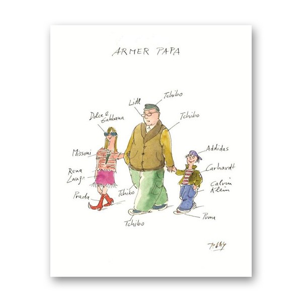 Peter Gaymann, Armer Papa (Vater, Papa, Kinder, Einkauf, Bekleidung, Marken, Karikatur, Cartoon, Comic, witzig, lustig, Treppenhaus, Wohnzimmer, Grafik, bunt)