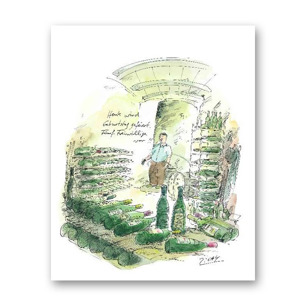 Peter Gaymann, Freiwillige vor (Weinkeller, Geburtstag, Trinken, Karikatur, Cartoon, Comic, witzig, lustig, Treppenhaus, Wohnzimmer, Grafik, bunt)