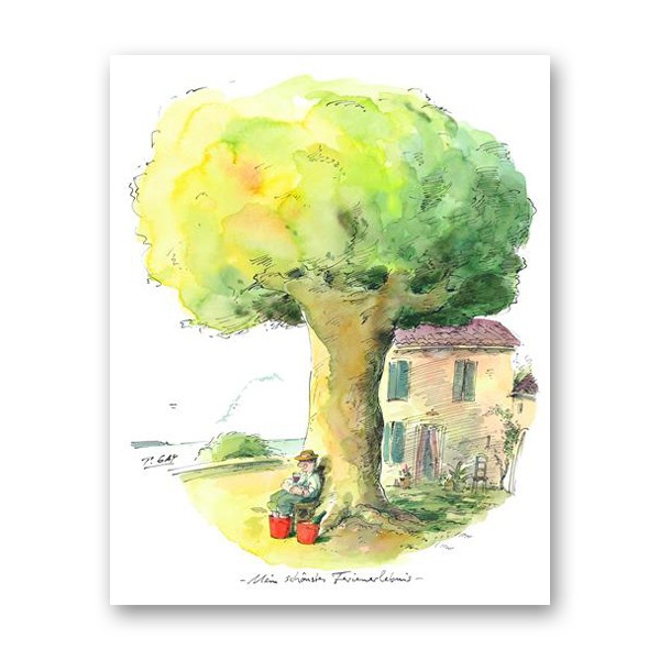 Peter Gaymann, Schönstes Ferienerlebnis (Garten, Weintrinker, Gemütlich, Zufriedenheit, Karikatur, Cartoon, Comic, witzig, lustig, Treppenhaus, Wohnzimmer, Grafik, bunt)