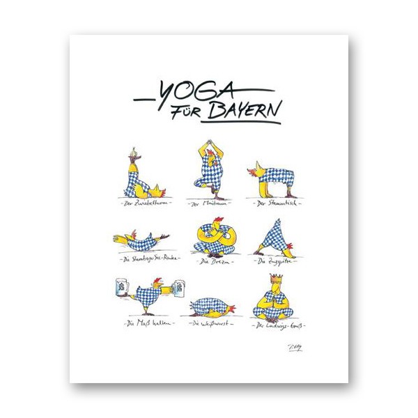 Peter Gaymann, YOGA für Bayern (Bayern, Yoga, Übungen, Karikatur, Cartoon, Comic, witzig, lustig, Treppenhaus, Wohnzimmer, Grafik, bunt)