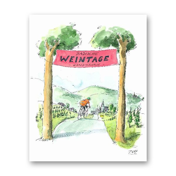 Peter Gaymann, Badische Weintage (Weg, Hinweisschild, Weintage, Radfahrer, Baden, Karikatur, Cartoon, Comic, witzig, lustig, Treppenhaus, Wohnzimmer, Grafik, bunt)